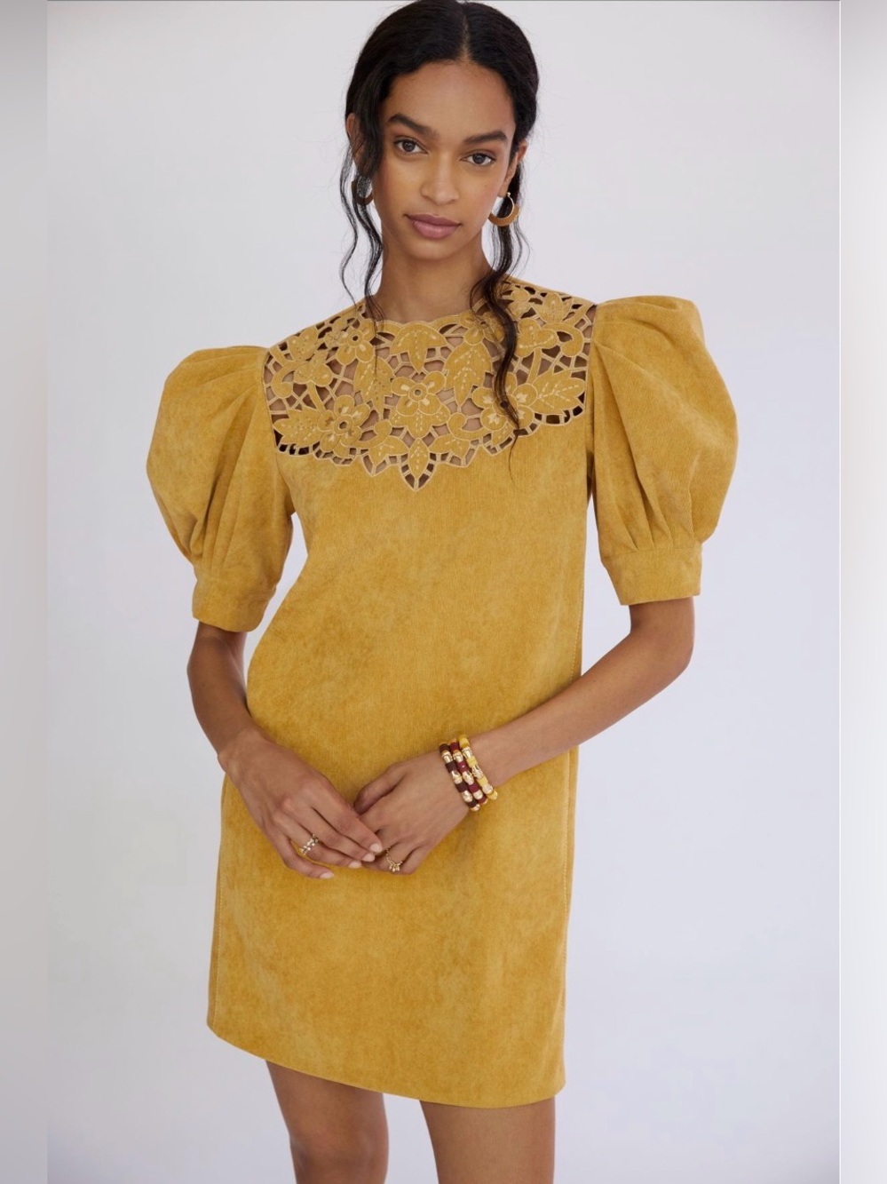 Anthropologie Sachin & Babi Dark Yellow Eyelet Yoke Corduroy Puff Sleeve Dress